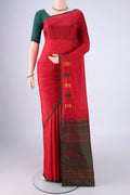 Red Kanchipuram Silk Saree with Plain Body and Thread Border.  displayed on a mannequin