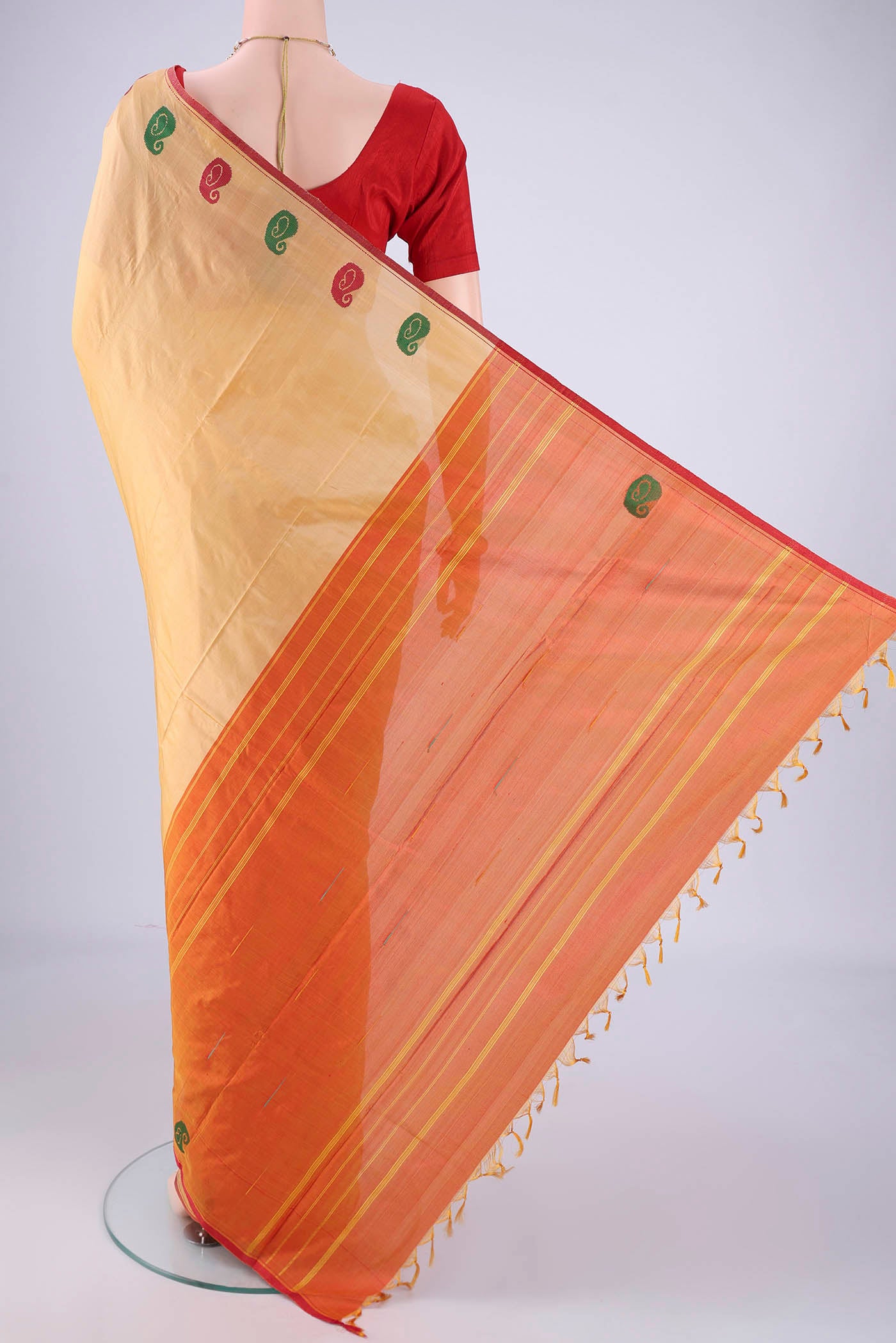Flat view of Sandal Kanchipuram Silk Saree with Plain Body and Thread Border. 