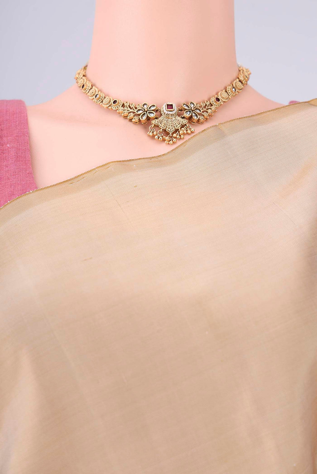 Border image of Beige Dual Tone Kanjivaram Silk Saree with Plain Body and Rising Temple Border. 