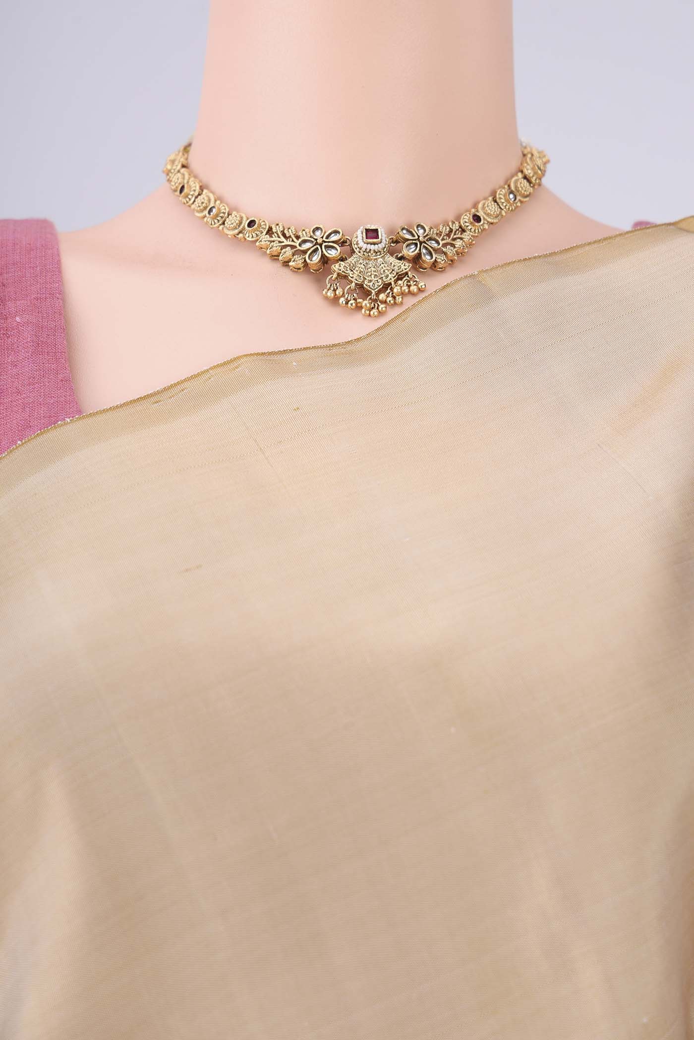Border image of Beige Dual Tone Kanjivaram Silk Saree with Plain Body and Rising Temple Border. 