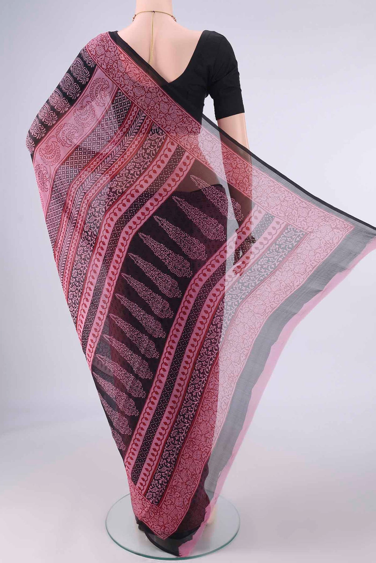 Flat view of Pink Mysore Chiffon Saree with Floral Print on the body and Printed Border. 