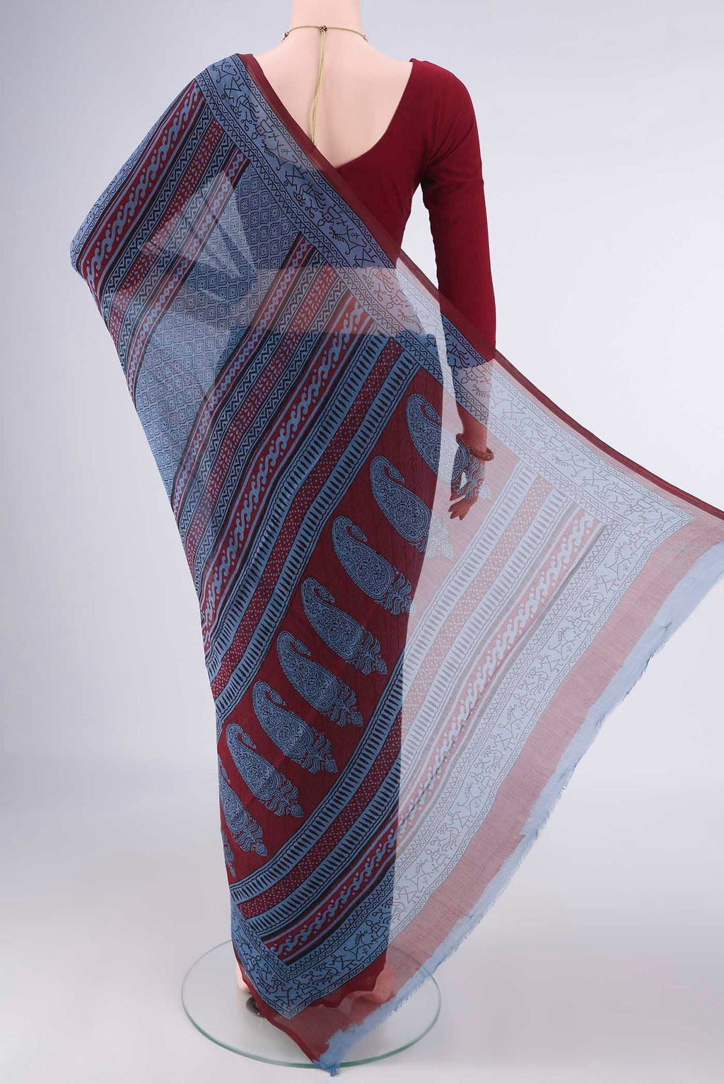 Flat view of Maroon Mysore Chiffon Saree with Floral Print on the body and Printed Border. 