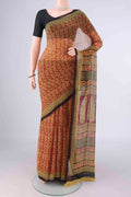 Maroon Mysore Chiffon Saree with Paisley on the body and Printed Border.  displayed on a mannequin