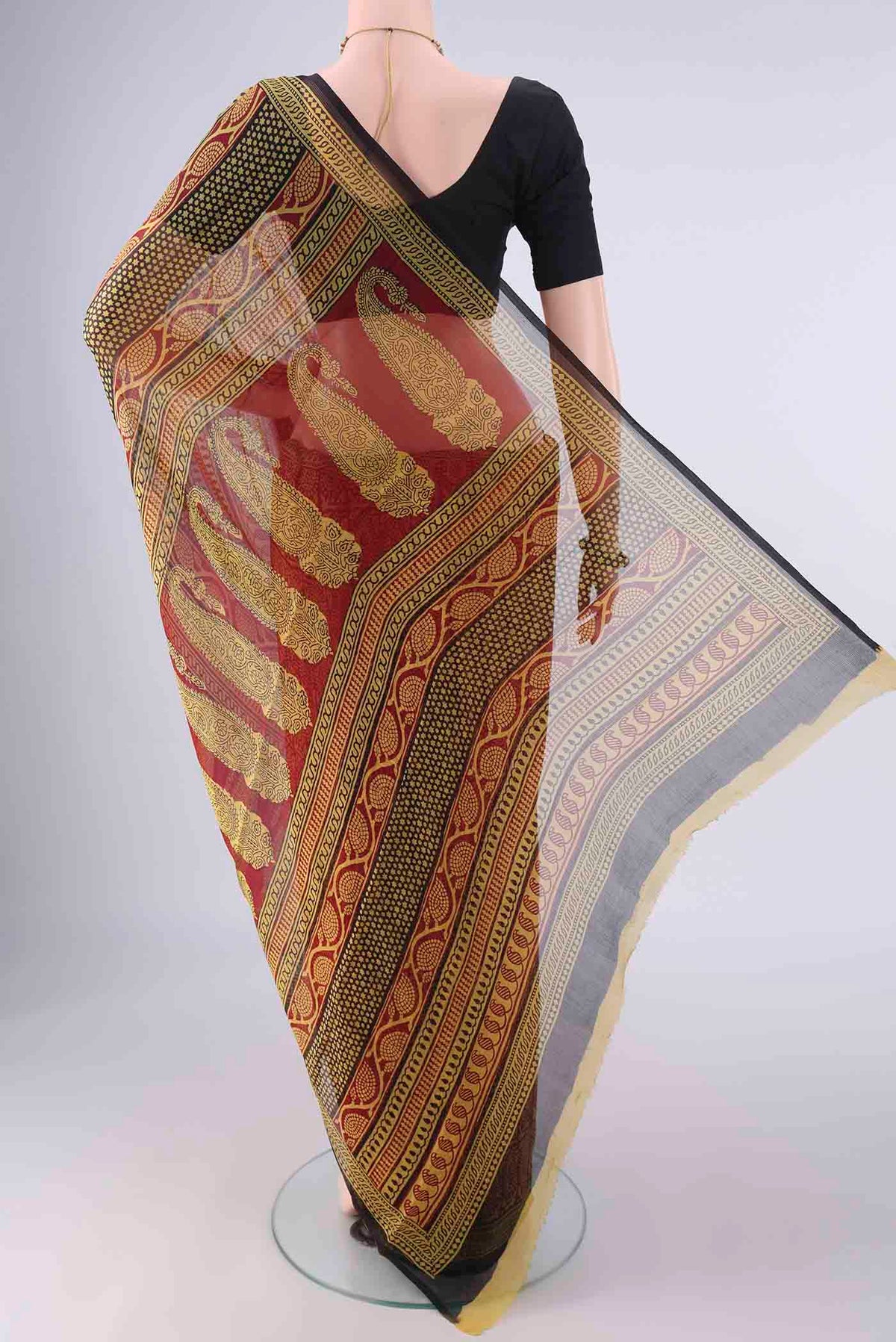 Flat view of Maroon Mysore Chiffon Saree with Paisley on the body and Printed Border. 
