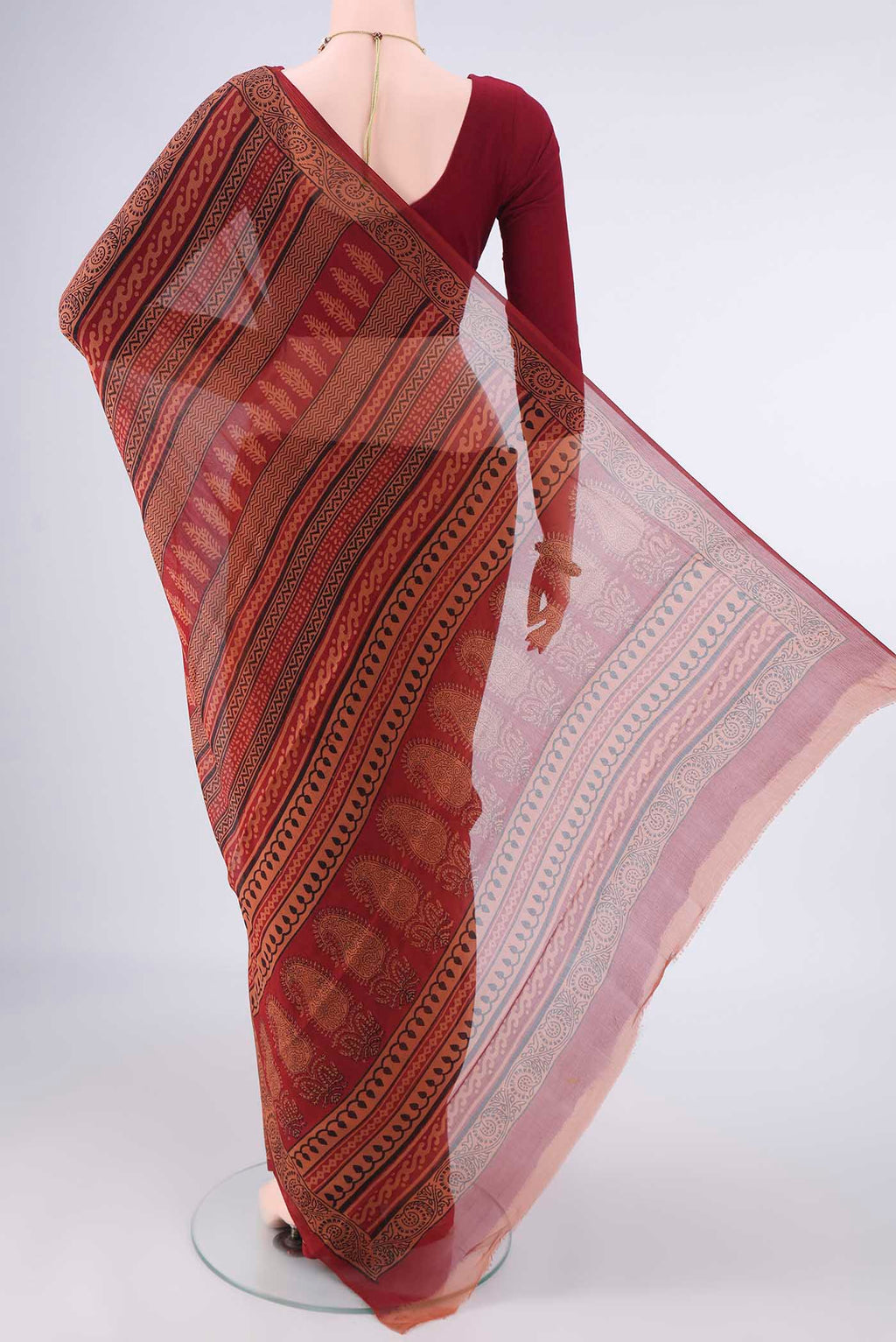 Flat view of Rust Mysore Chiffon Saree with Floral Print on the body and Printed Border. 