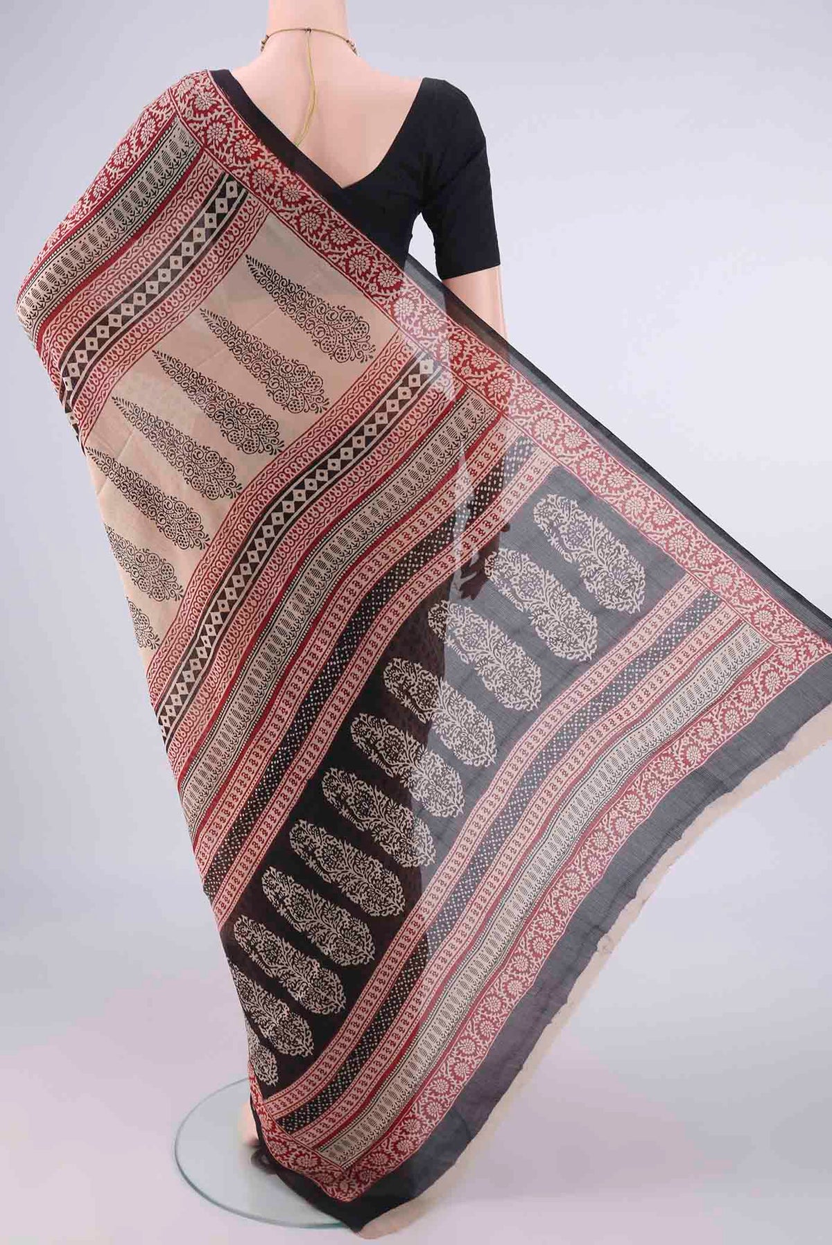 Flat view of Beige Mysore Chiffon Saree with Printed design on the body and Printed Border. 