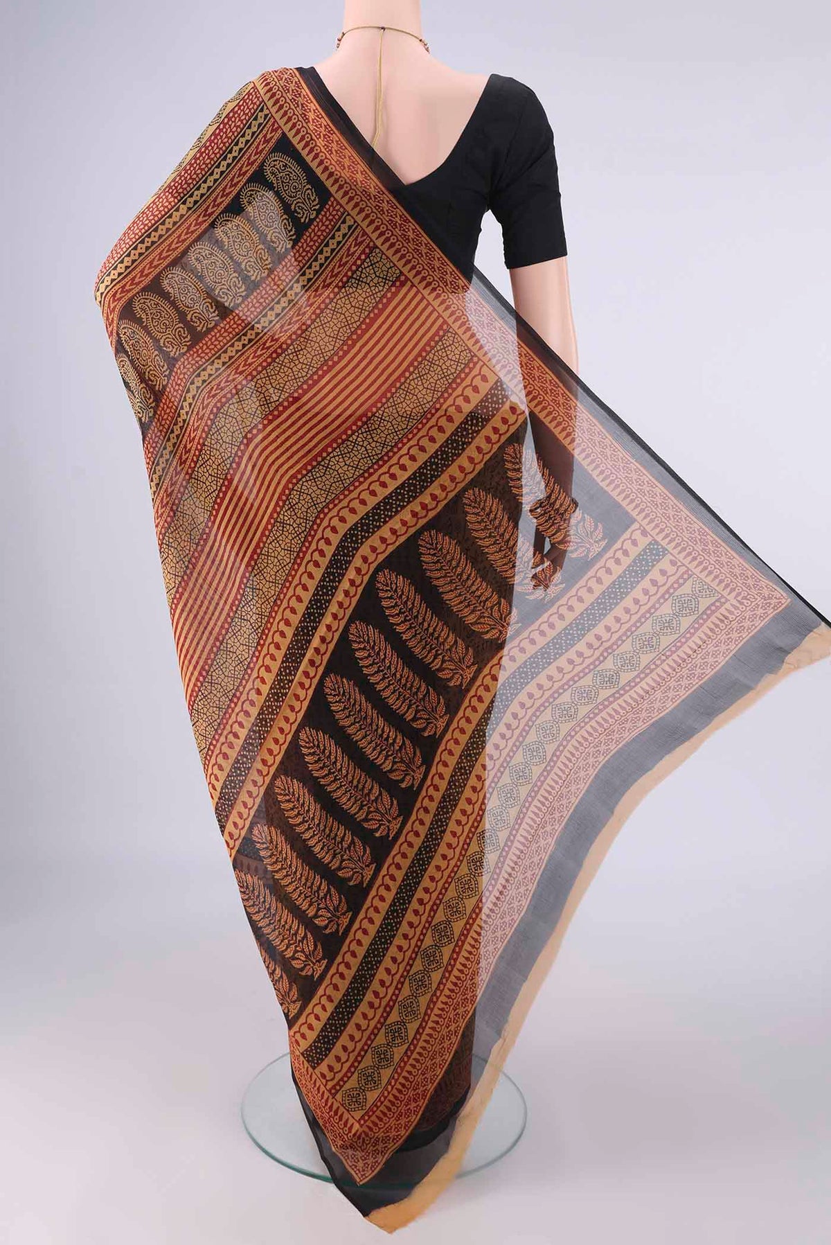 Flat view of Mustard Mysore Chiffon Saree with Printed design on the body and Printed Border. 