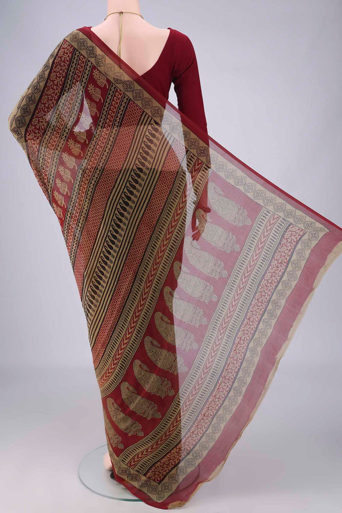 Flat view of Beige Mysore Chiffon Saree with Floral Print on the body and Printed Border. 