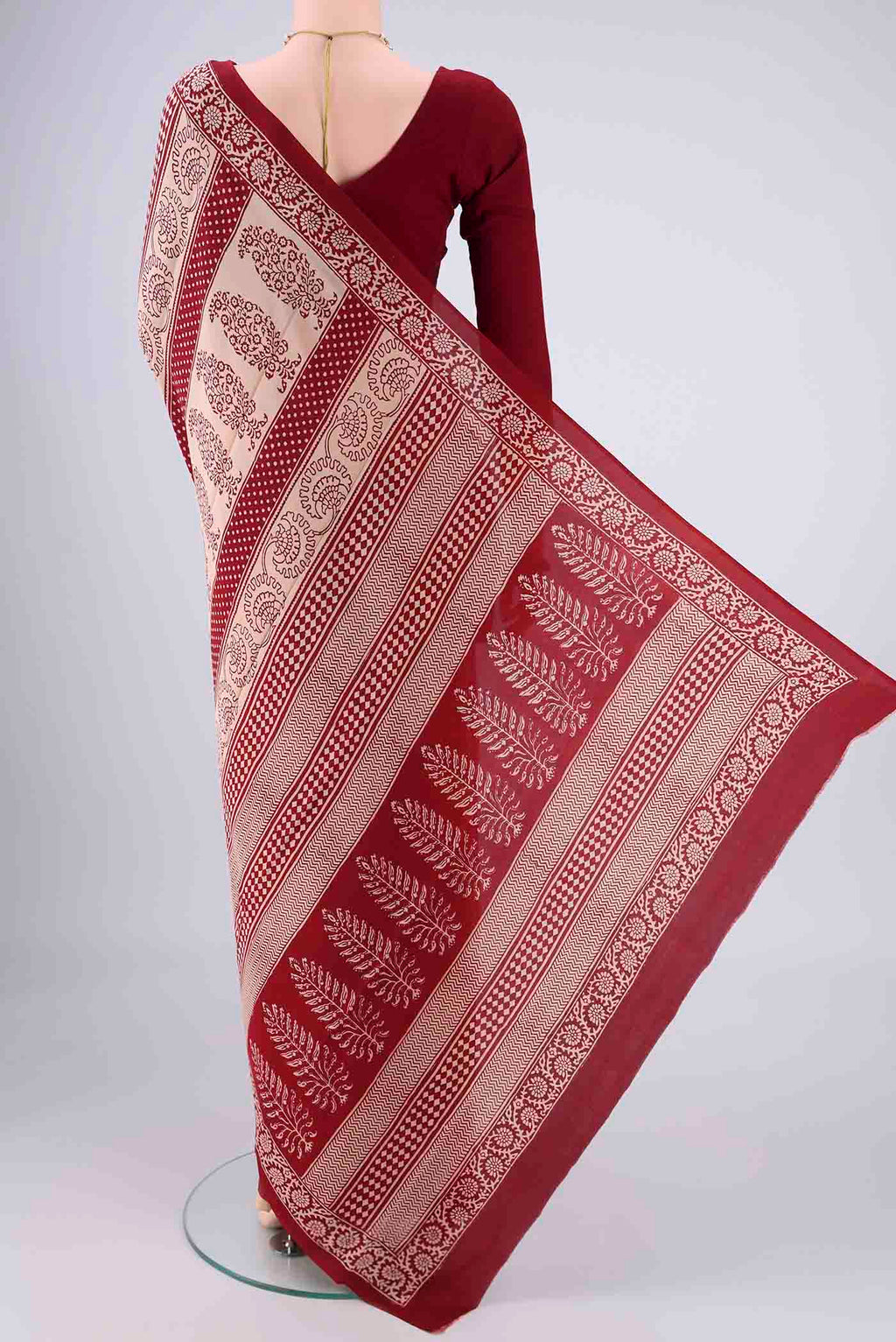 Flat view of Beige Mysore Crepe Saree with Printed design on the body and Printed Border. 