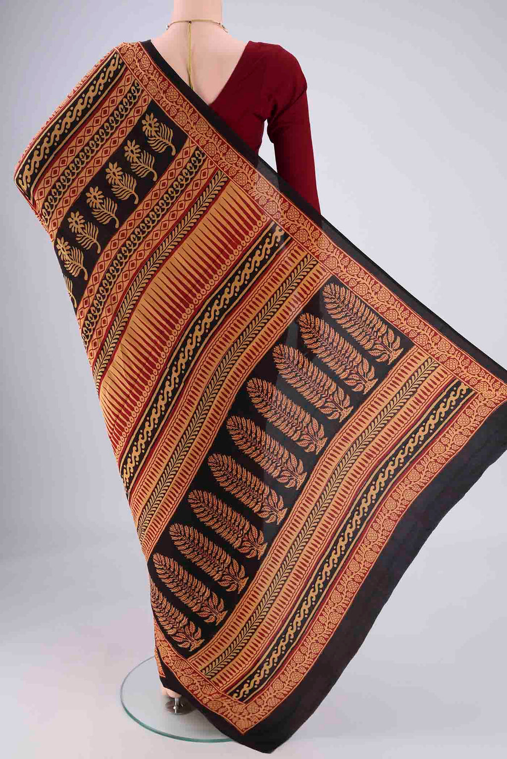 Flat view of Sandal Mysore Crepe Saree with Geometric Print on the body and Printed Border. 