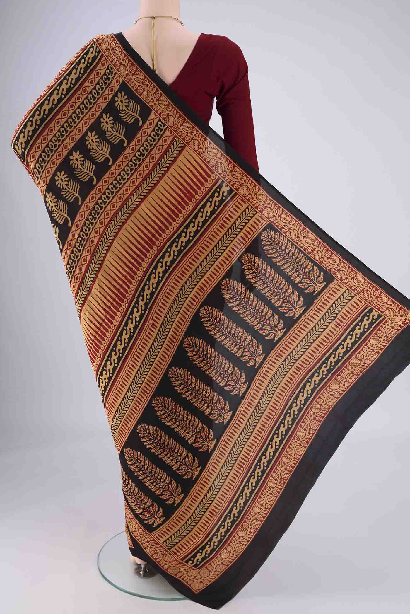 Flat view of Sandal Mysore Crepe Saree with Geometric Print on the body and Printed Border. 