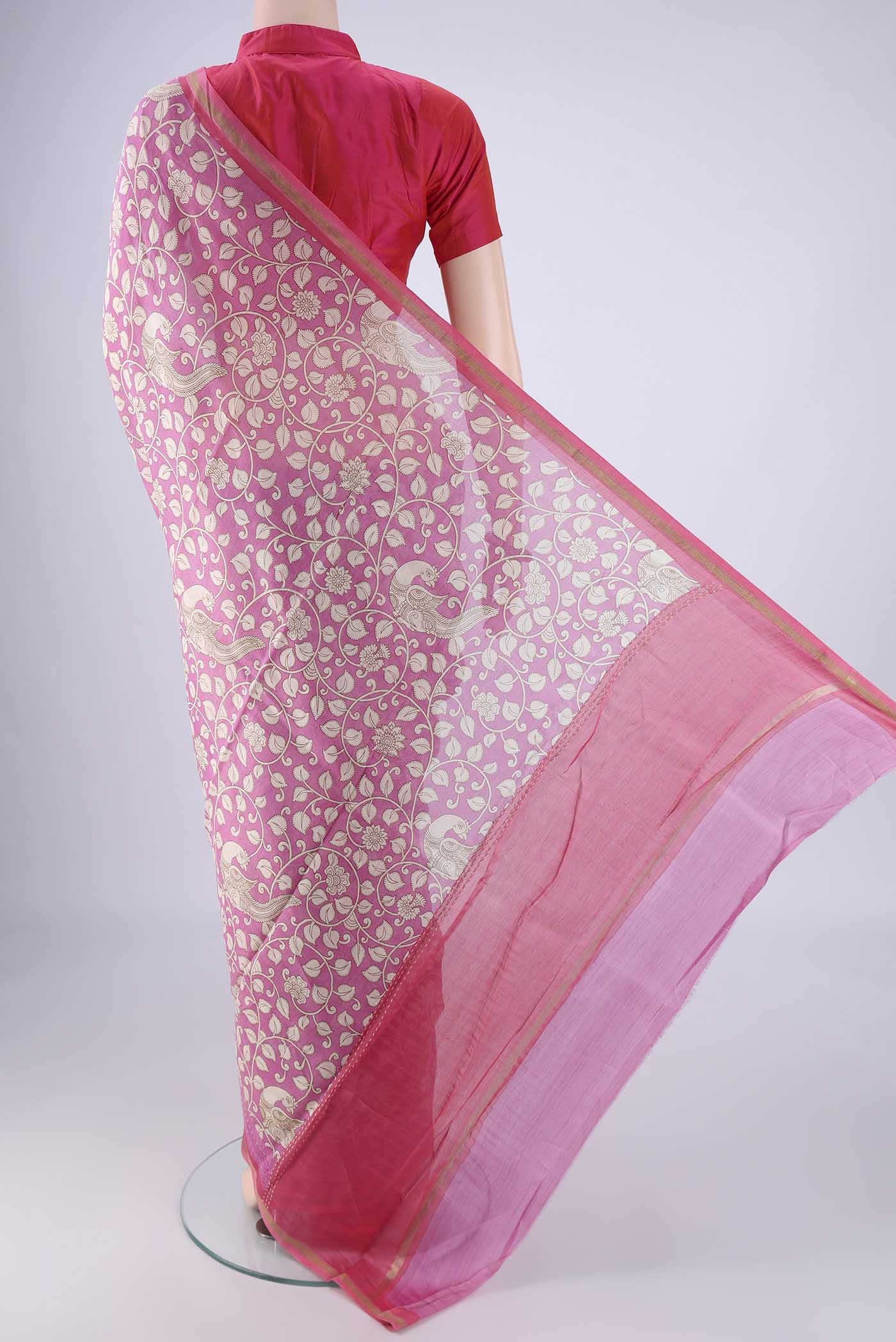 Flat view of Rose pink Chanderi Silk Cotton Saree with Printed design on the body and Zari Border. 