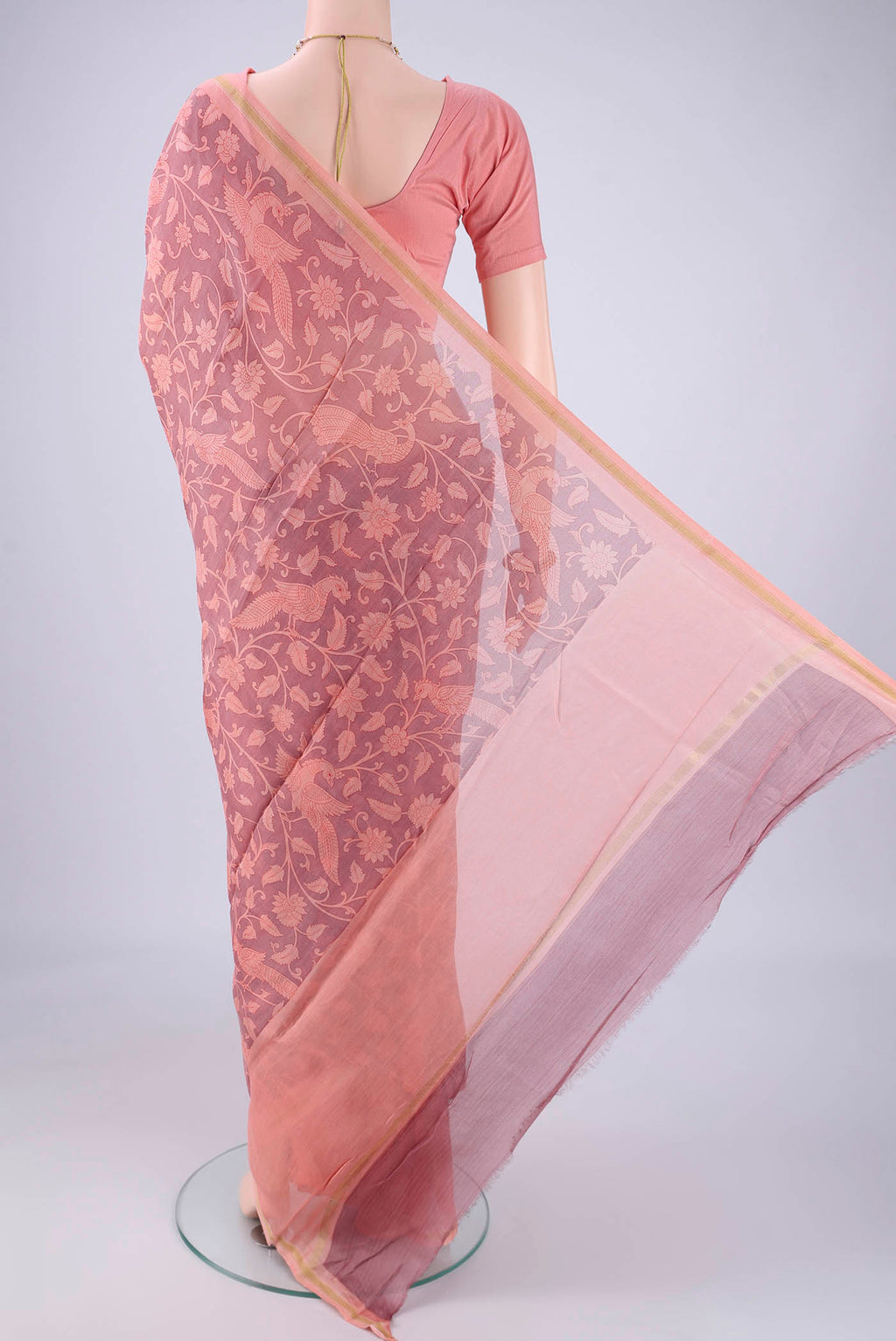 Flat view of Rose pink Chanderi Silk Cotton Saree with Printed design on the body and Zari Border. 