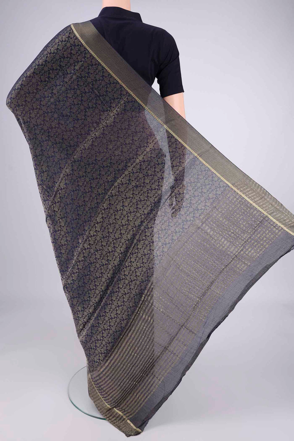 Flat view of Navy Blue Mysore Crepe Saree with Zari Brocade on the body and Zari Border. 
