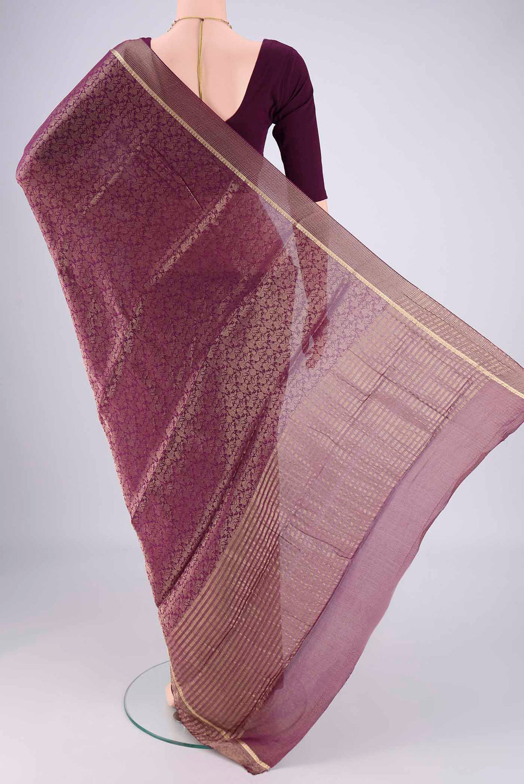 Flat view of Purple Mysore Crepe Saree with Zari Brocade on the body and Zari Border. 