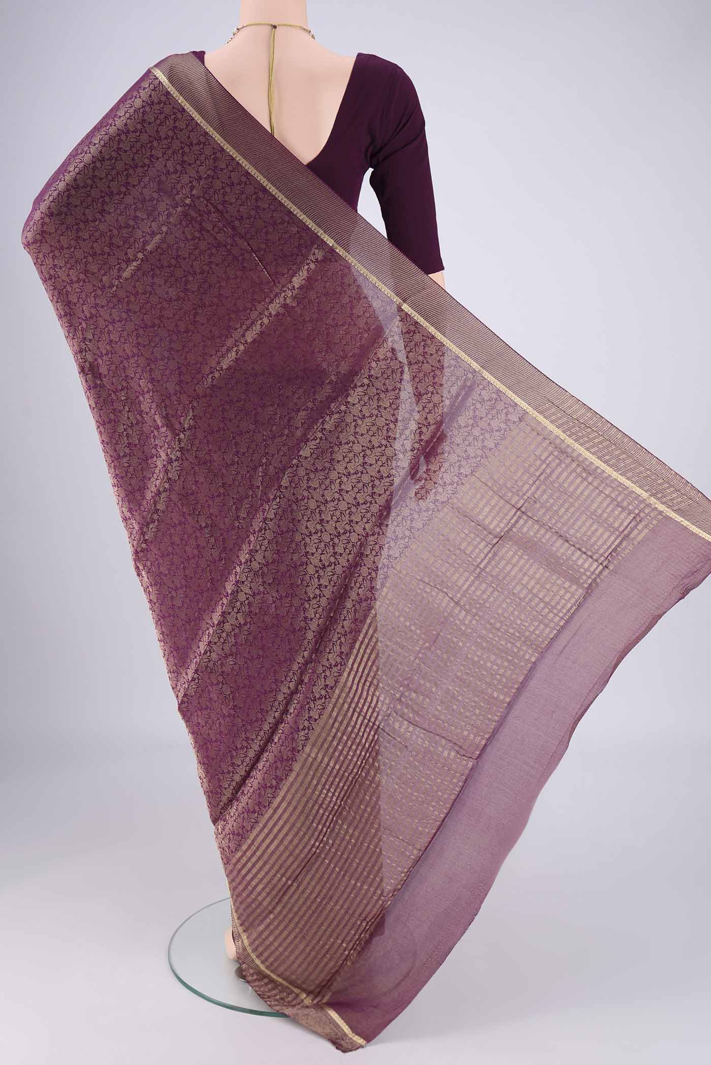 Flat view of Purple Mysore Crepe Saree with Zari Brocade on the body and Zari Border. 