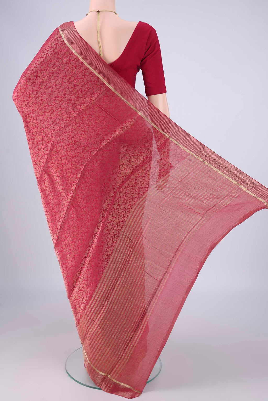 Flat view of Dark Pink Mysore Crepe Saree with Zari Brocade on the body and Zari Border. 