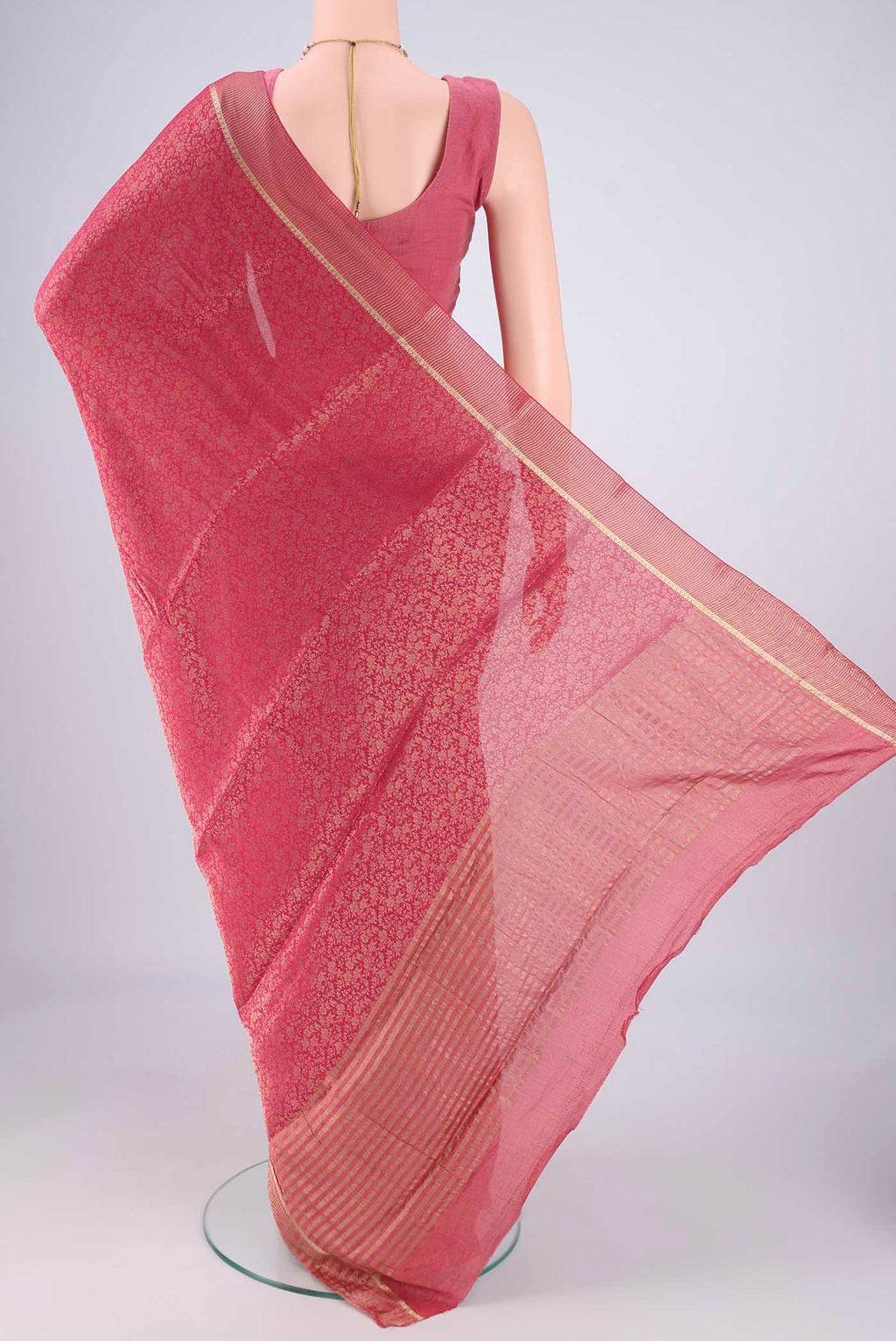 Flat view of Pink Mysore Crepe Saree with Zari Brocade on the body and Zari Border. 