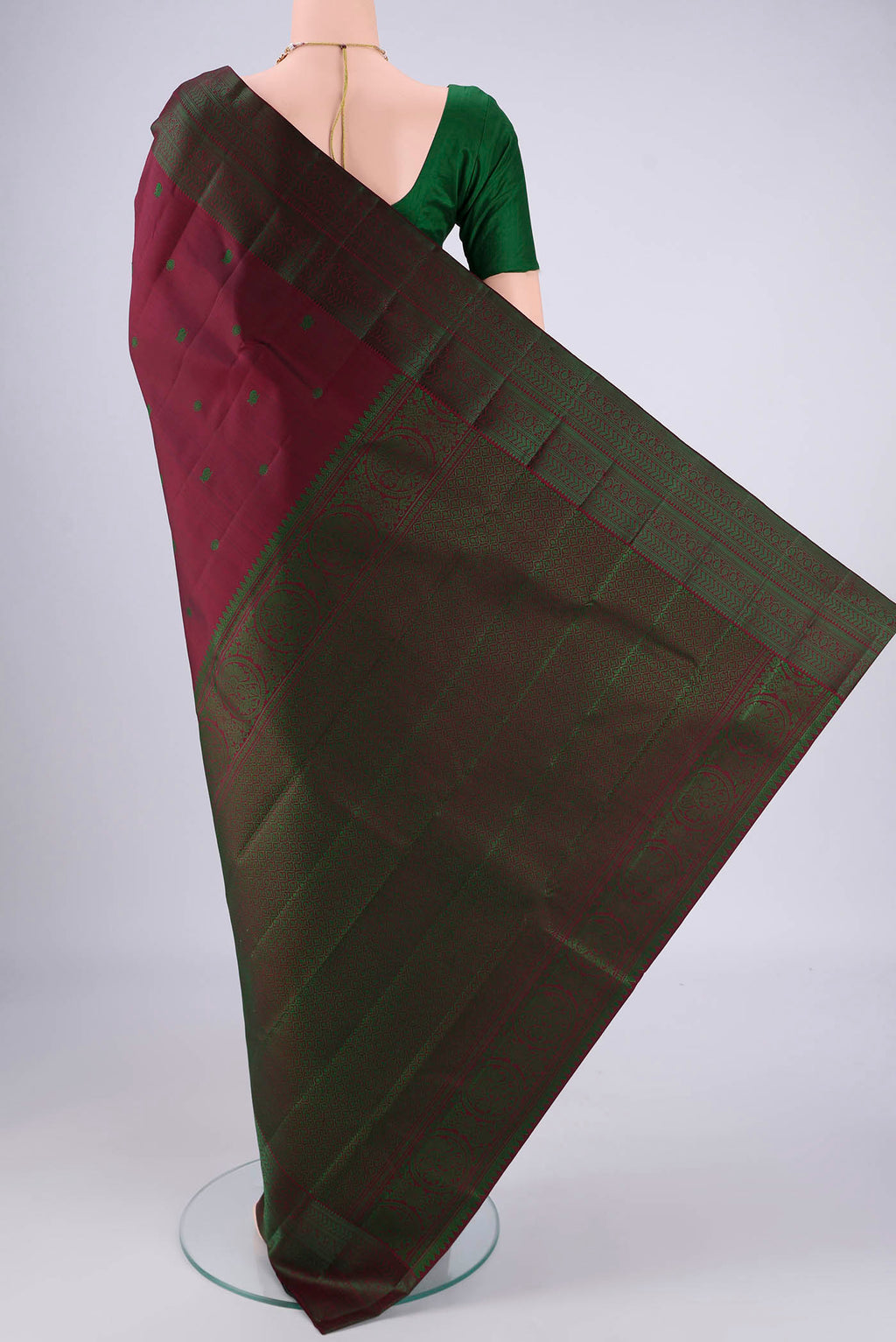 Flat view of Coffee Brown Kanchipuram Silk Saree with Thread Butta on the body and Thread Border. 
