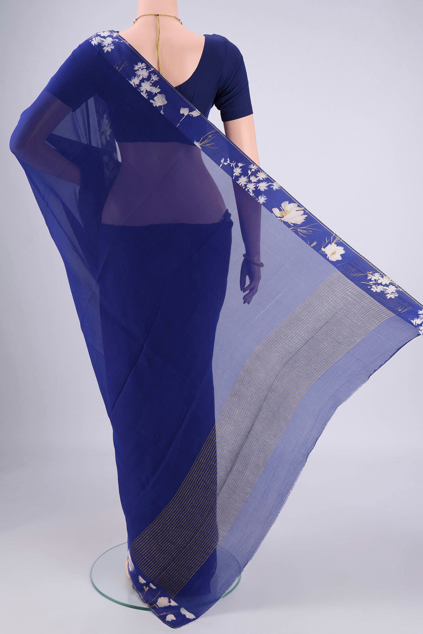 Flat view of Blue Mysore Chiffon Saree with Plain Body and Printed Border. 