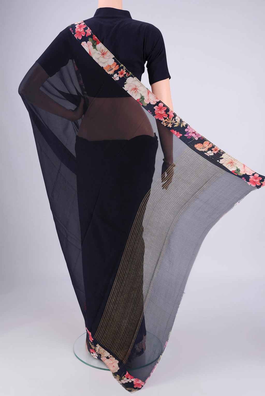 Flat view of Navy Blue Mysore Chiffon Saree with Plain Body and Printed Border. 