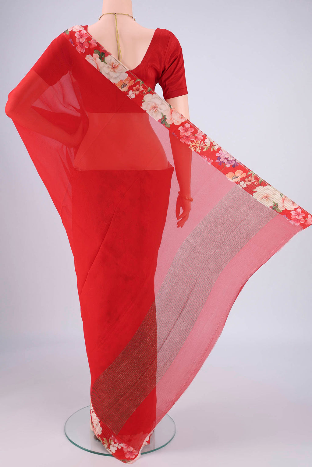 Flat view of Red Mysore Chiffon Saree with Plain Body and Printed Border. 