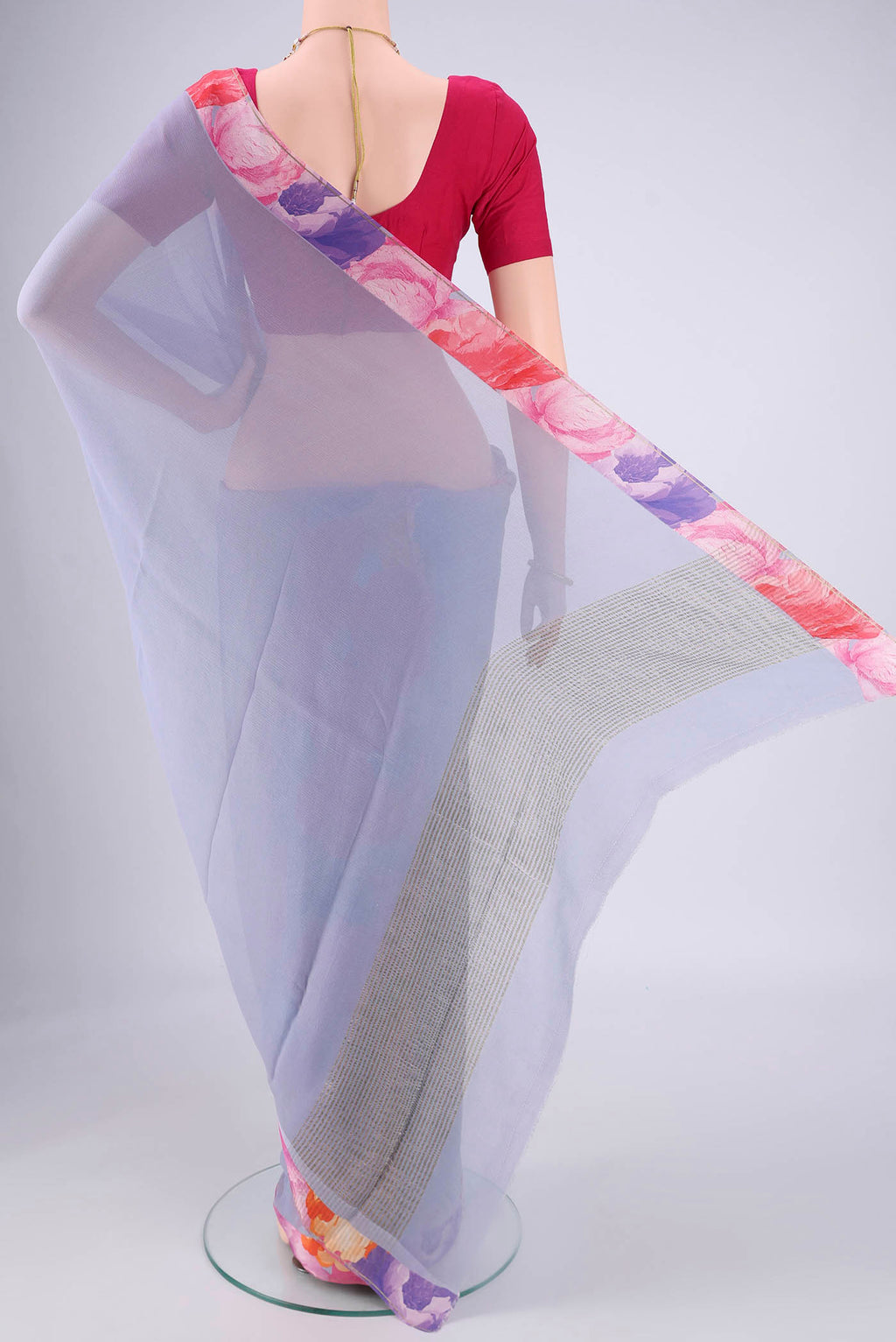 Flat view of Blue Grey Mysore Chiffon Saree with Plain Body and Printed Border. 