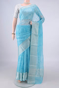 Pure Silk Sky Blue Kota Saree with Floral Print on the body and Zari Border.  displayed on a mannequin