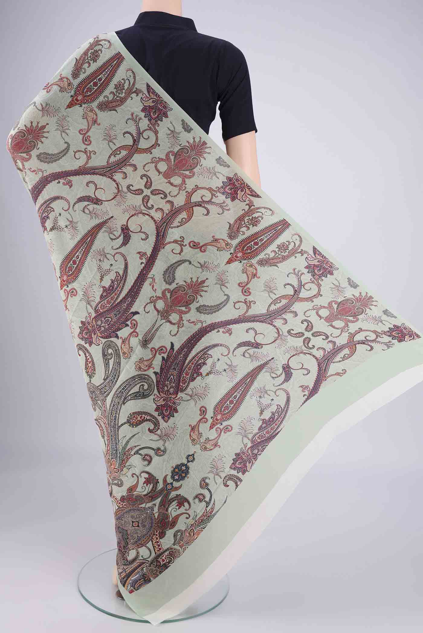 Flat view of Sage Green Mysore Crepe Saree with Printed design on the body and Printed Border. 
