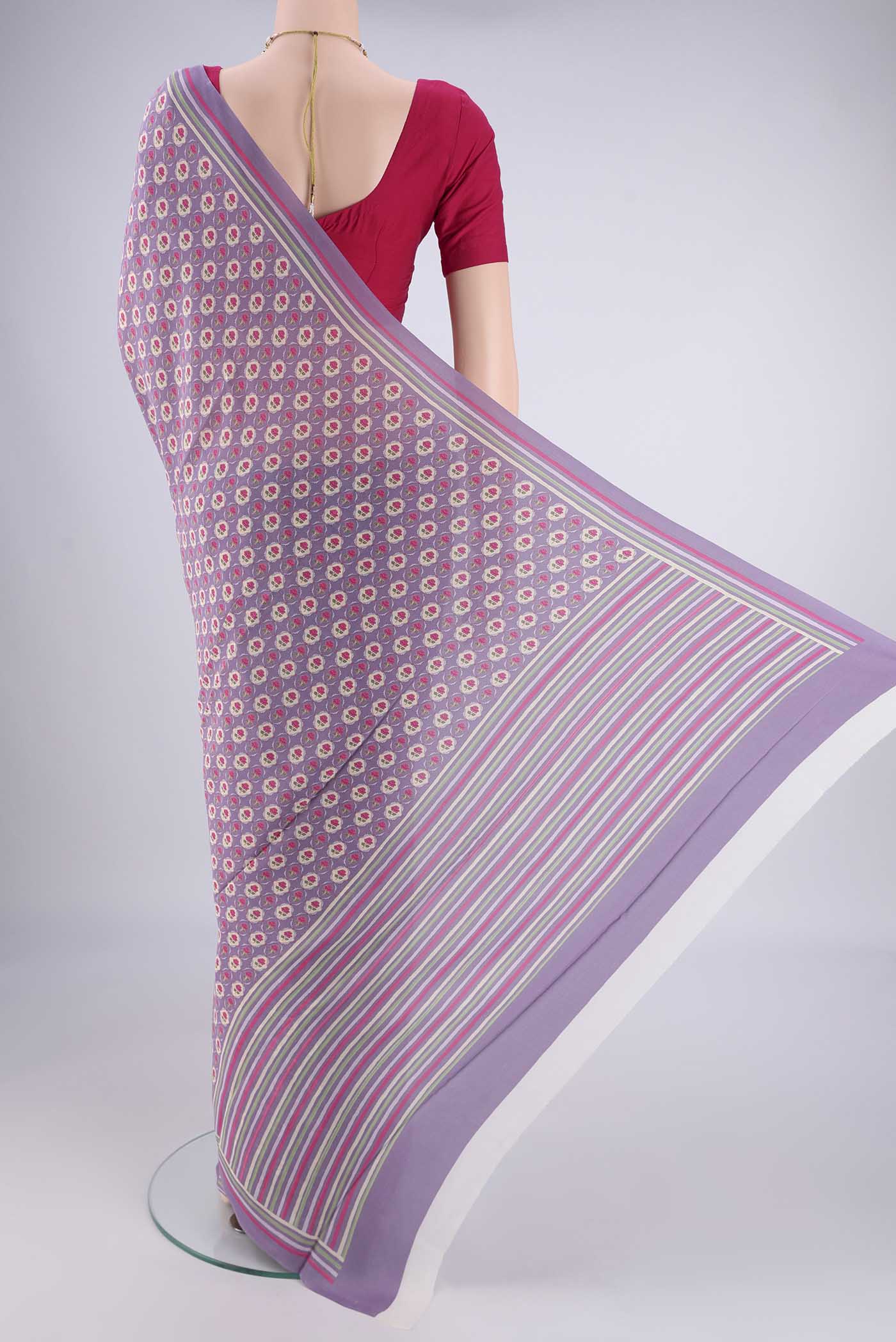 Flat view of Lavender Mysore Crepe Saree with Printed design on the body and Printed Border. 
