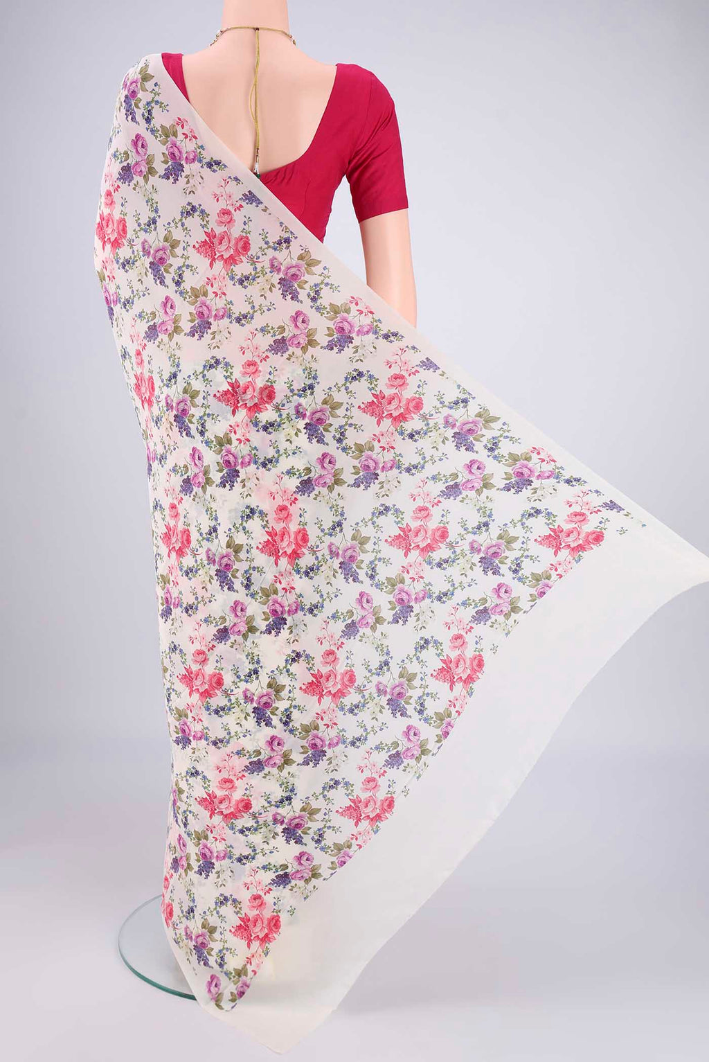 Flat view of White Mysore Crepe Saree with Printed design on the body and Printed Border. 