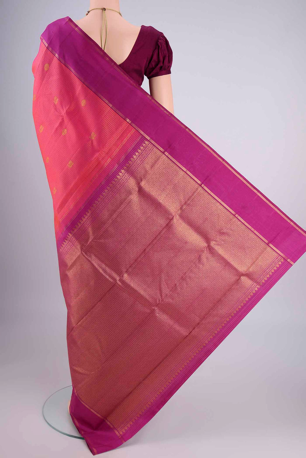 Flat view of Pink with Orange Color Kanjivaram Silk Saree with Checked design on the body and Zari Border. 