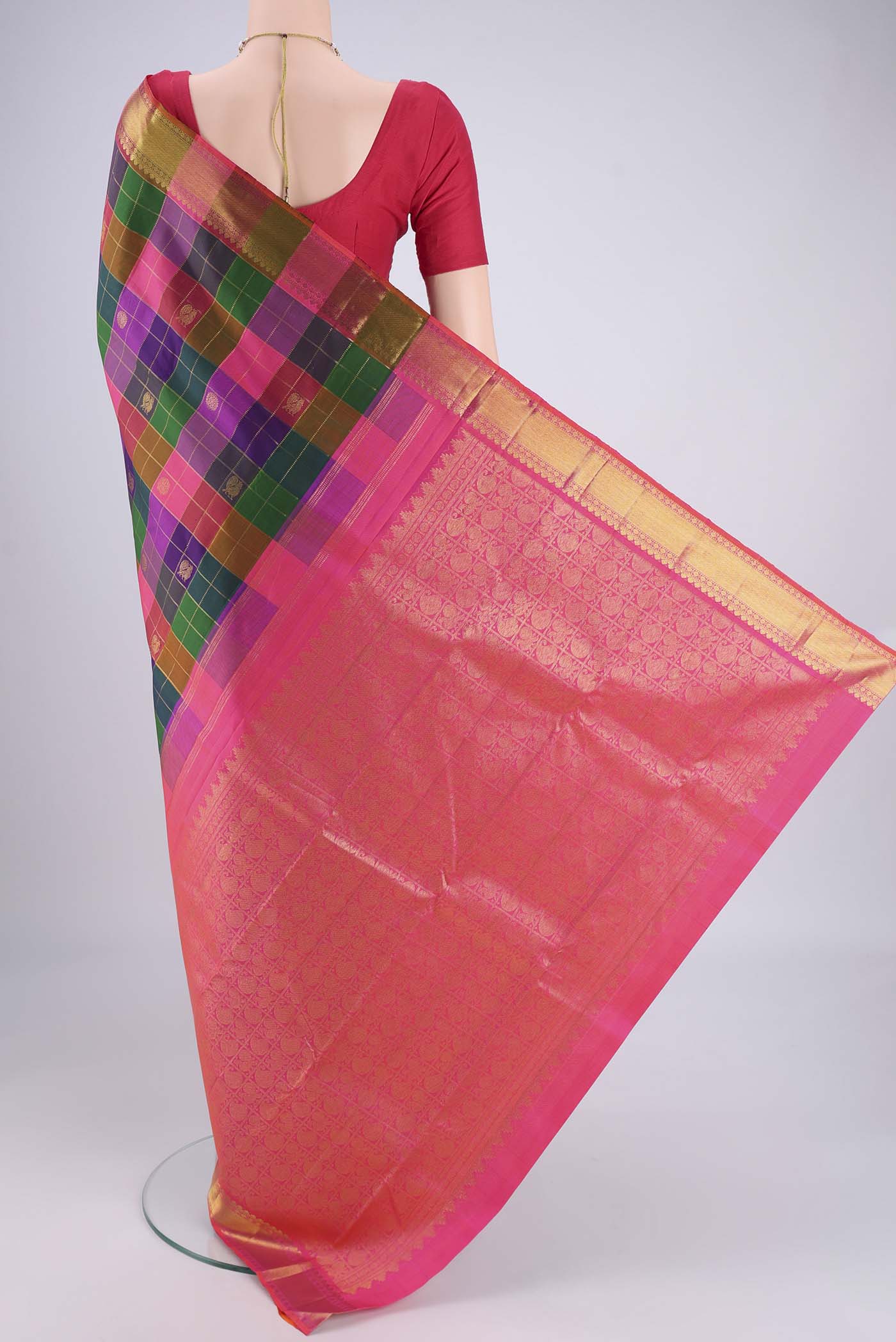 Flat view of Multi Color Kanjivaram Silk Saree with Checked design on the body and Zari Border. 
