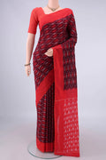 Purple Pochampally Cotton Saree with Ikat design on the body and Ikat Border.  displayed on a mannequin