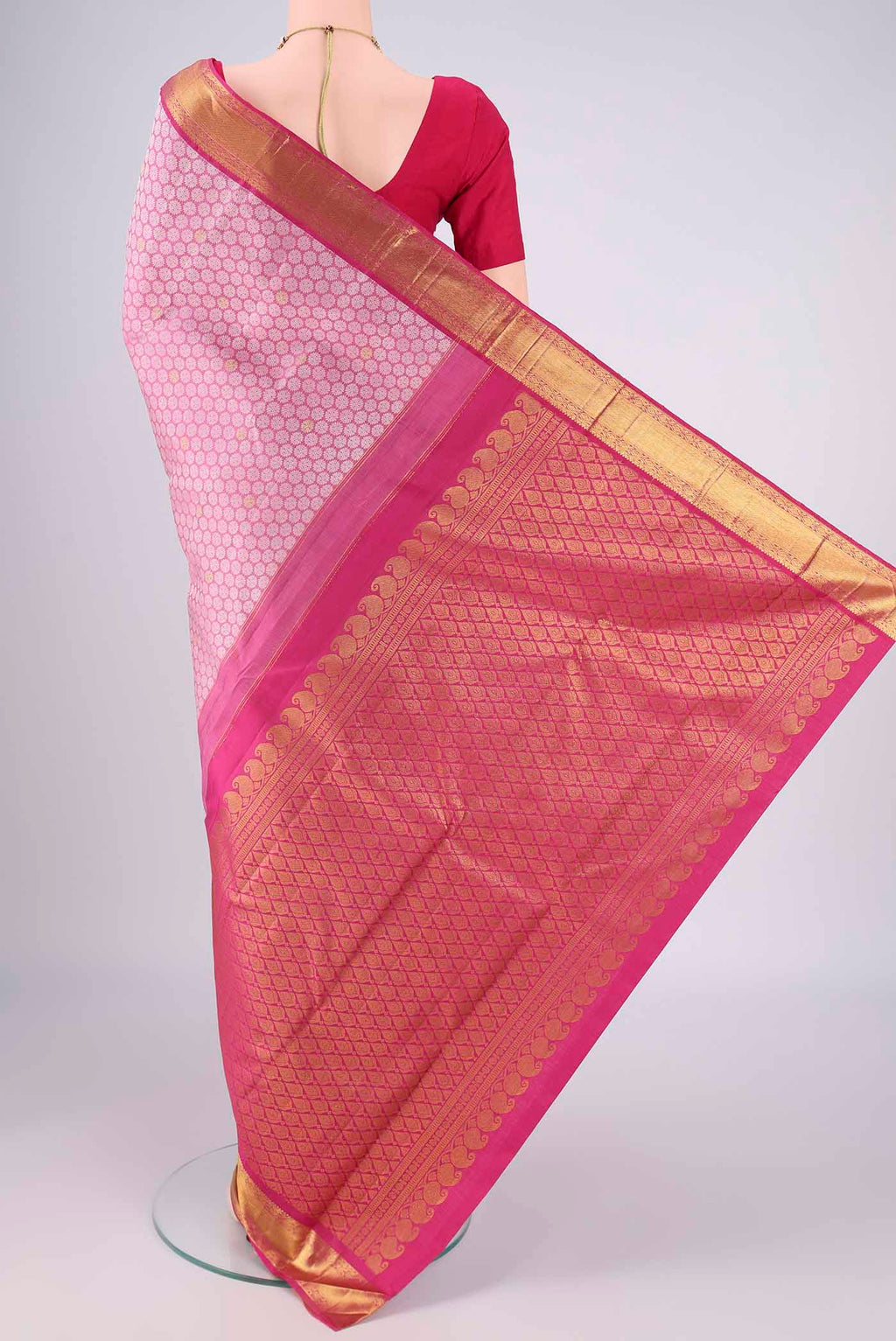Flat view of Rose pink Kanjivaram Silk Saree with Jacquard With Zari Butta on the body and Zari Border. 