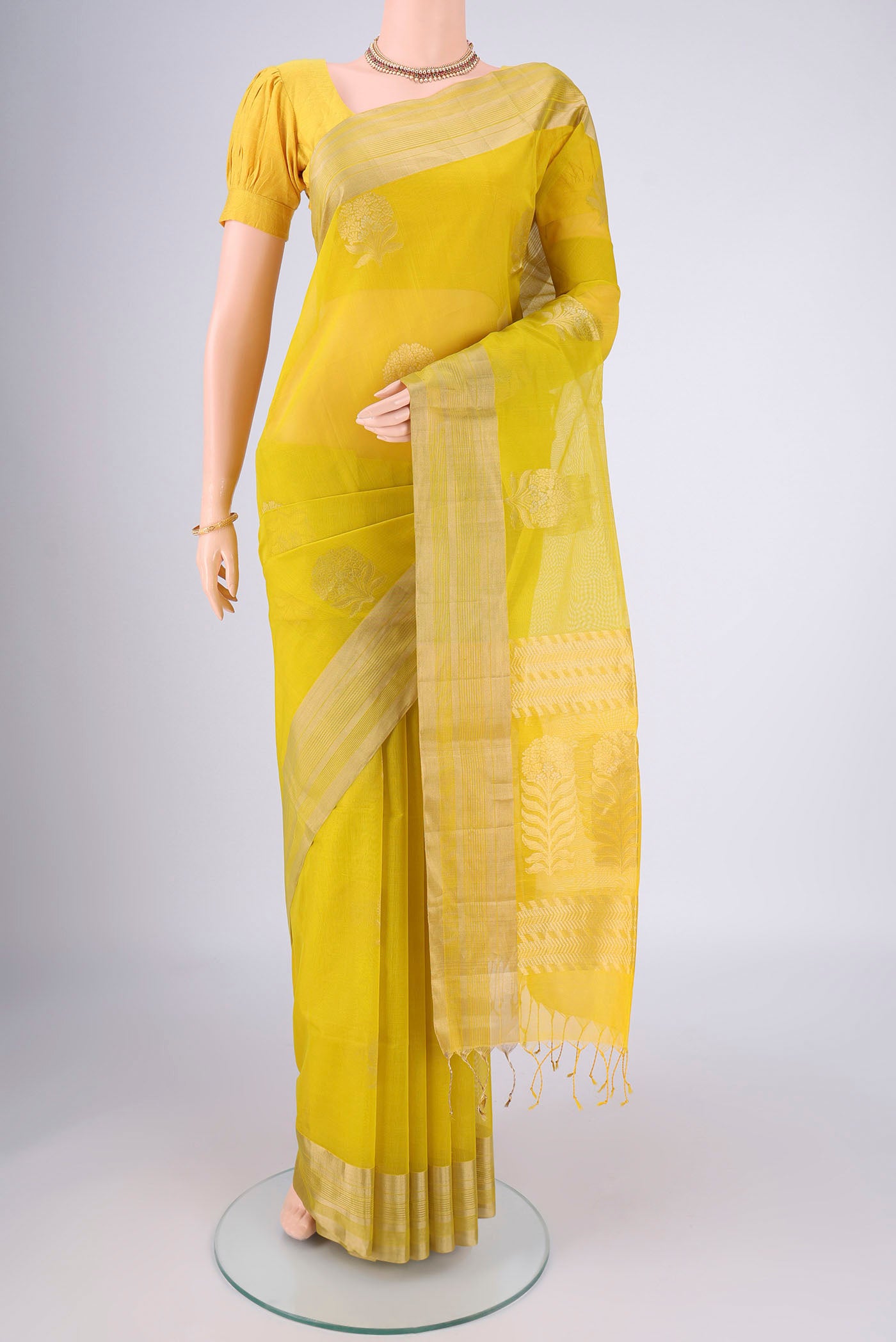 Green Silk Cotton Saree with Zari Butta on the body and Zari Border.  displayed on a mannequin