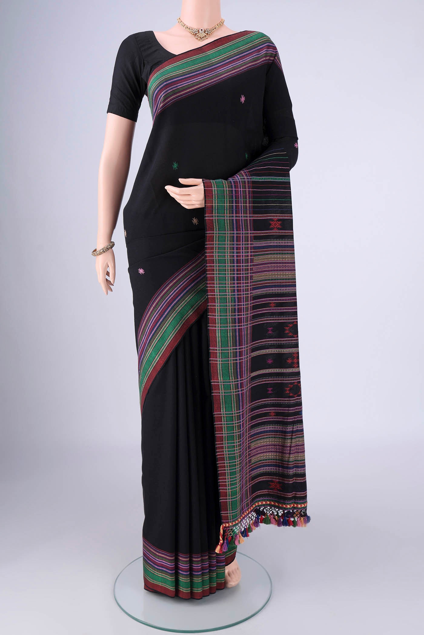 Gold with Red Dual Tone Khadi Cotton Saree with Thread Butta on the body and Plain Border.  displayed on a mannequin