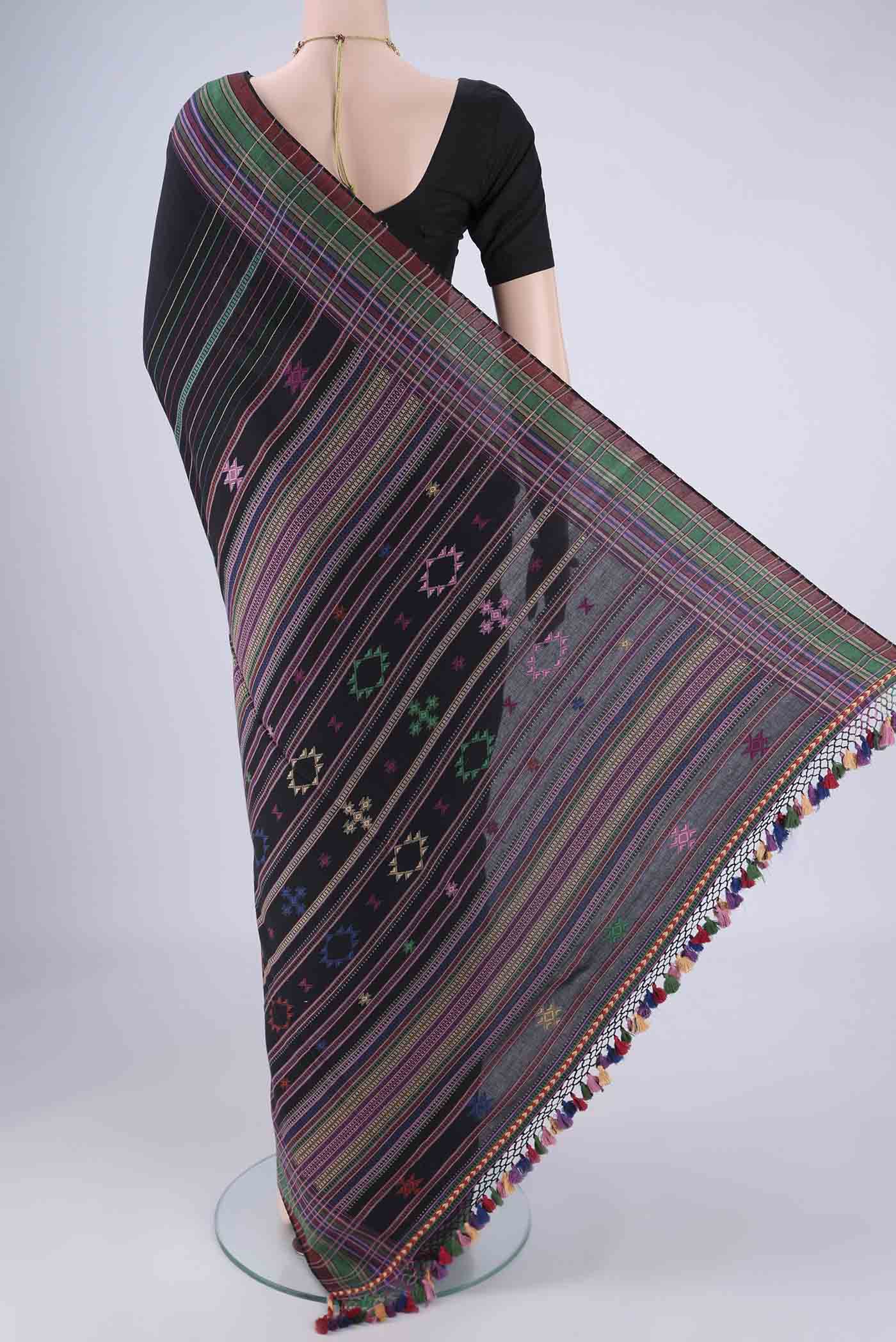 Flat view of Gold with Red Dual Tone Khadi Cotton Saree with Thread Butta on the body and Plain Border. 