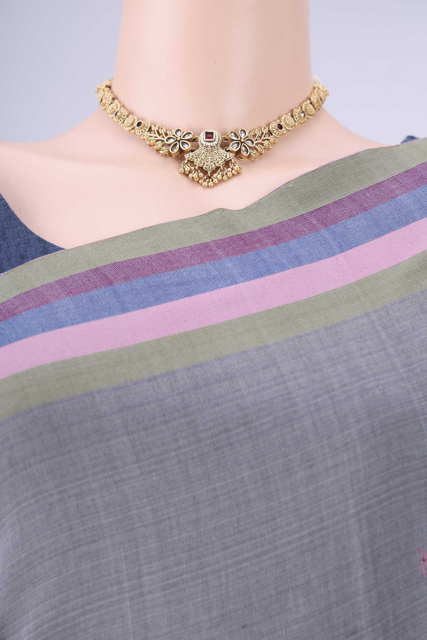 Border image of Gold with Red Dual Tone Khadi Cotton Saree with Thread Butta on the body and Plain Border. 