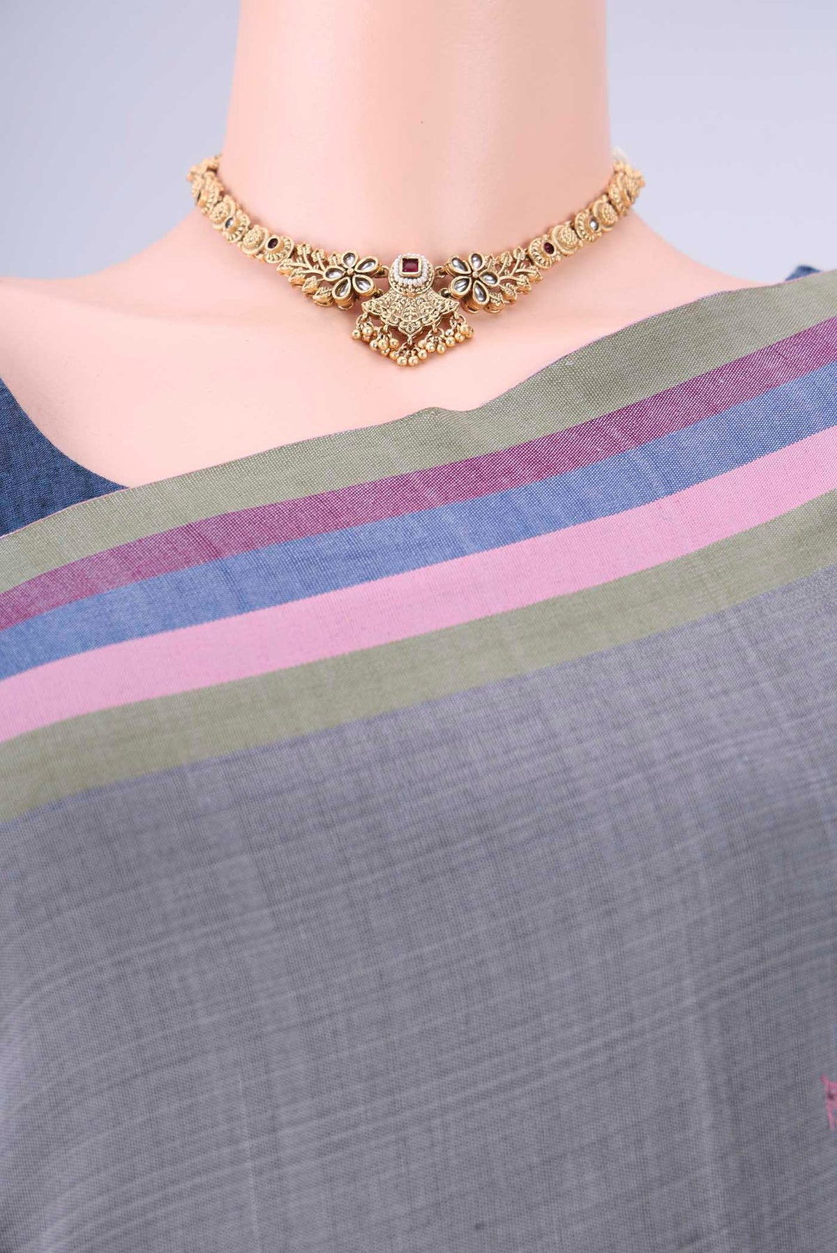 Border image of Gold with Red Dual Tone Khadi Cotton Saree with Thread Butta on the body and Plain Border. 