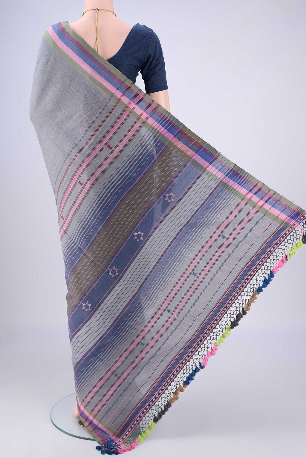 Flat view of Gold with Red Dual Tone Khadi Cotton Saree with Thread Butta on the body and Plain Border. 