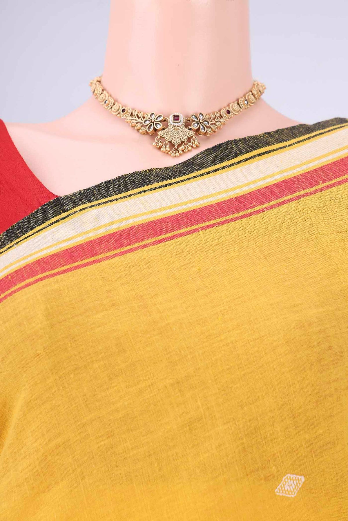 Border image of Gold with Red Dual Tone Khadi Cotton Saree with Thread Butta on the body and Plain Border. 