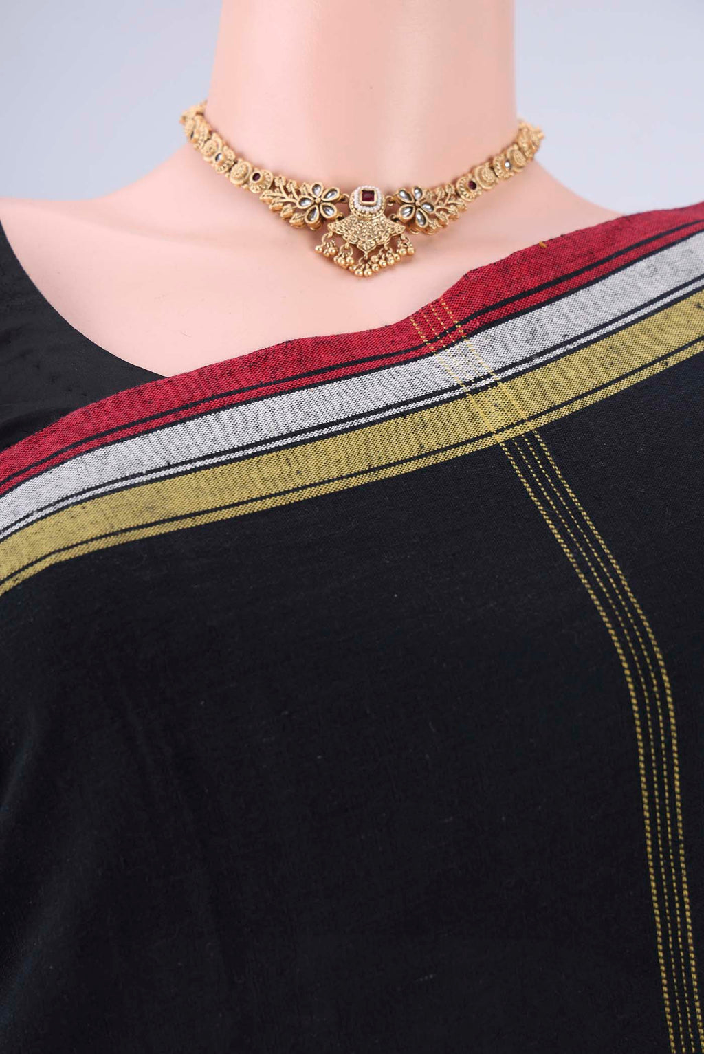 Border image of Gold with Red Dual Tone Khadi Cotton Saree with Stripes on the body and Plain Border. 