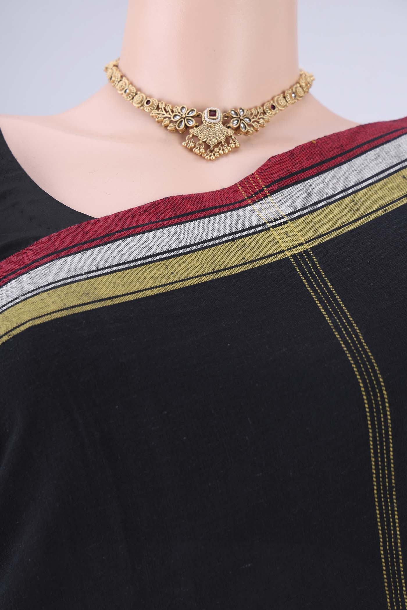 Border image of Gold with Red Dual Tone Khadi Cotton Saree with Stripes on the body and Plain Border. 