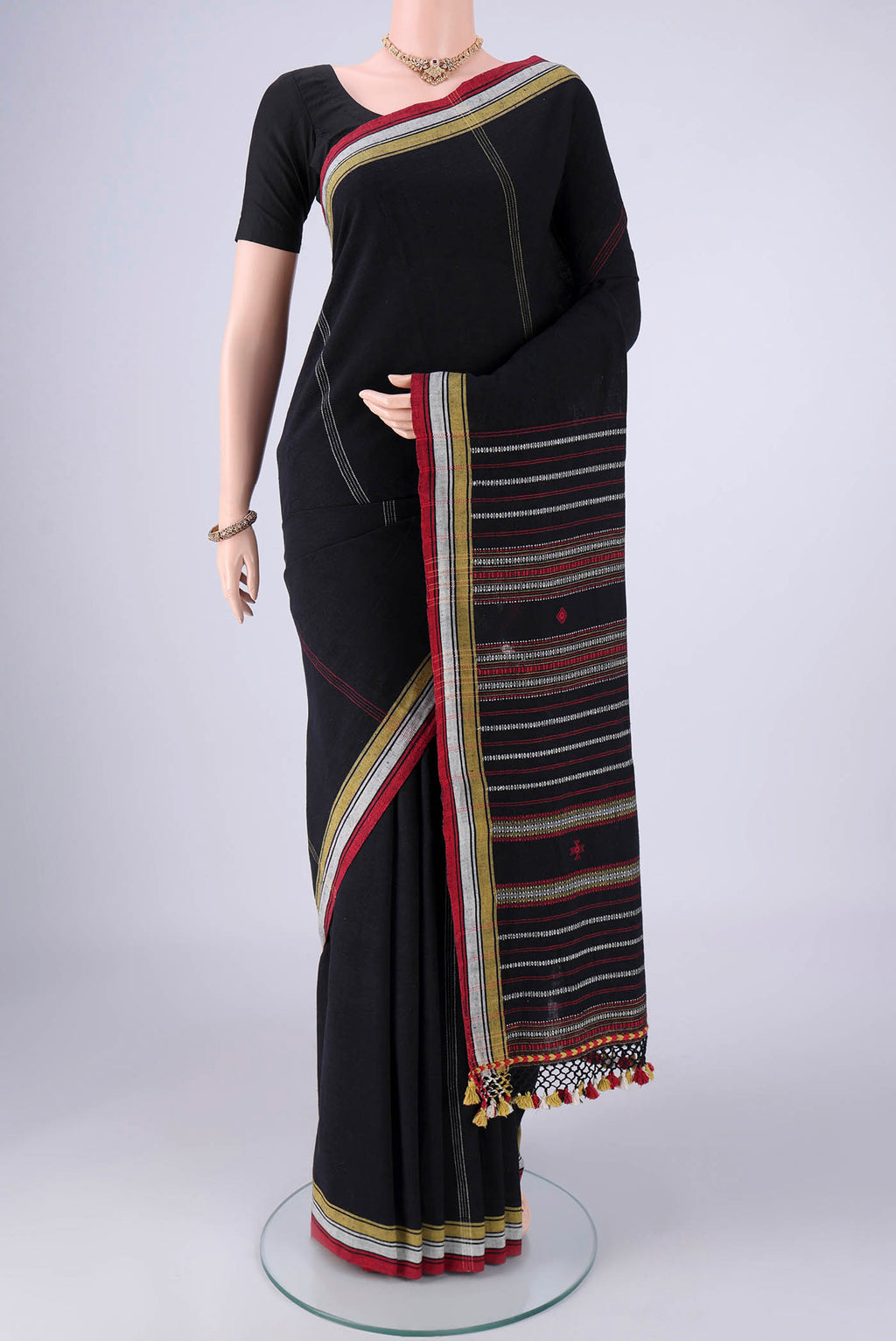 Gold with Red Dual Tone Khadi Cotton Saree with Stripes on the body and Plain Border.  displayed on a mannequin