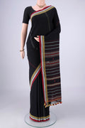 Gold with Red Dual Tone Khadi Cotton Saree with Stripes on the body and Plain Border.  displayed on a mannequin