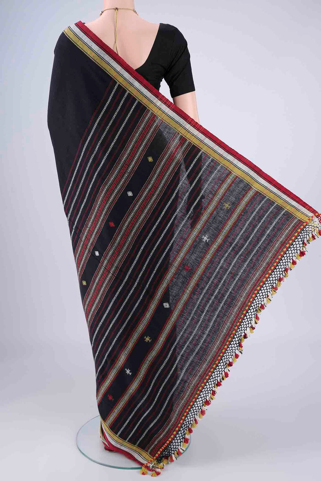 Flat view of Gold with Red Dual Tone Khadi Cotton Saree with Stripes on the body and Plain Border. 