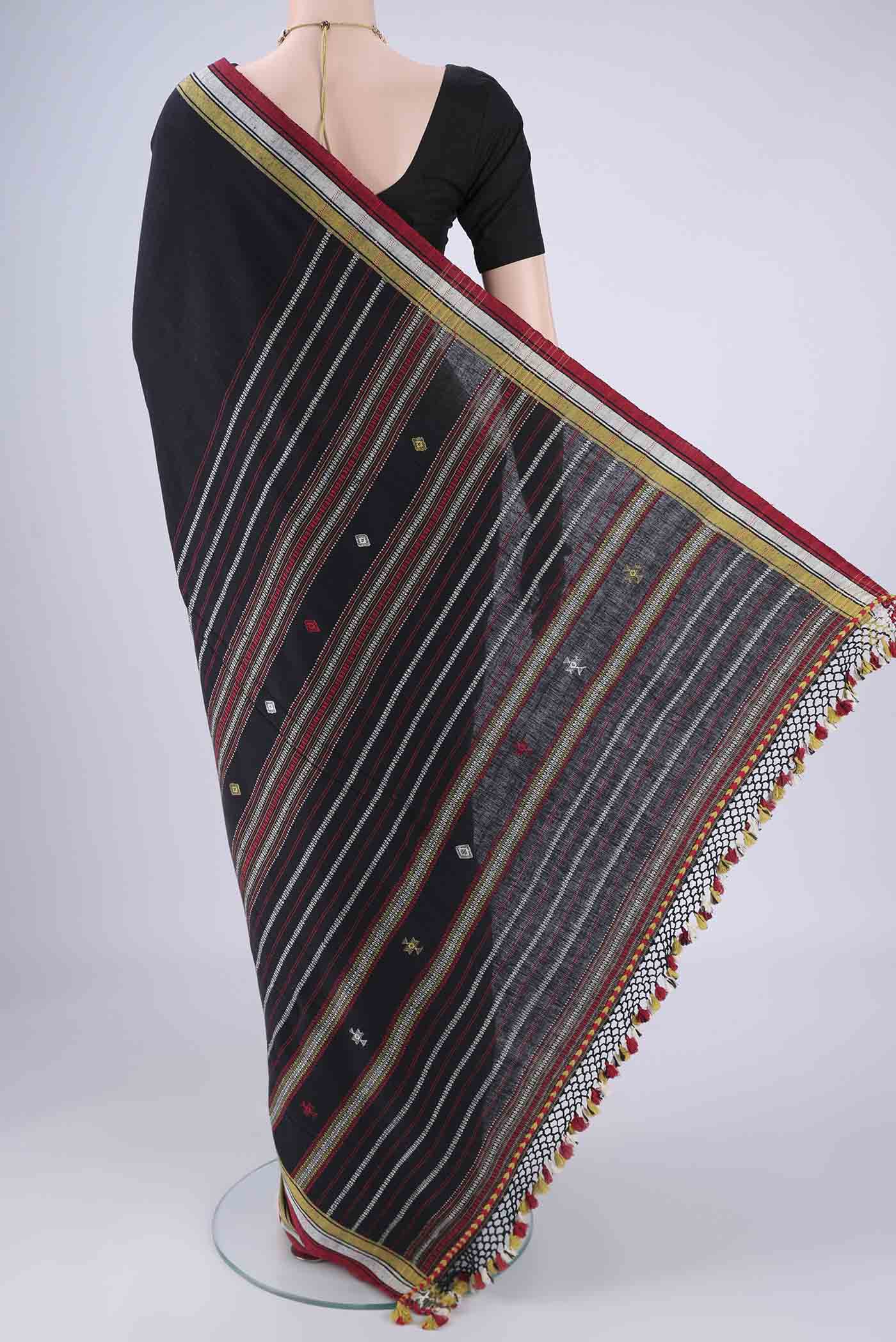 Flat view of Gold with Red Dual Tone Khadi Cotton Saree with Stripes on the body and Plain Border. 
