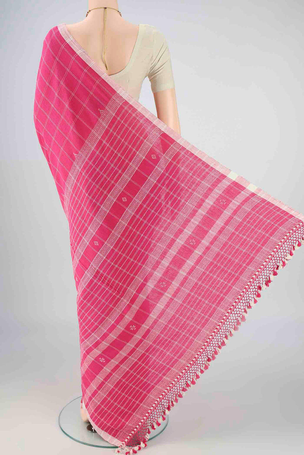Flat view of Pink Khadi Cotton Saree with Stripes on the body and Plain Border. 