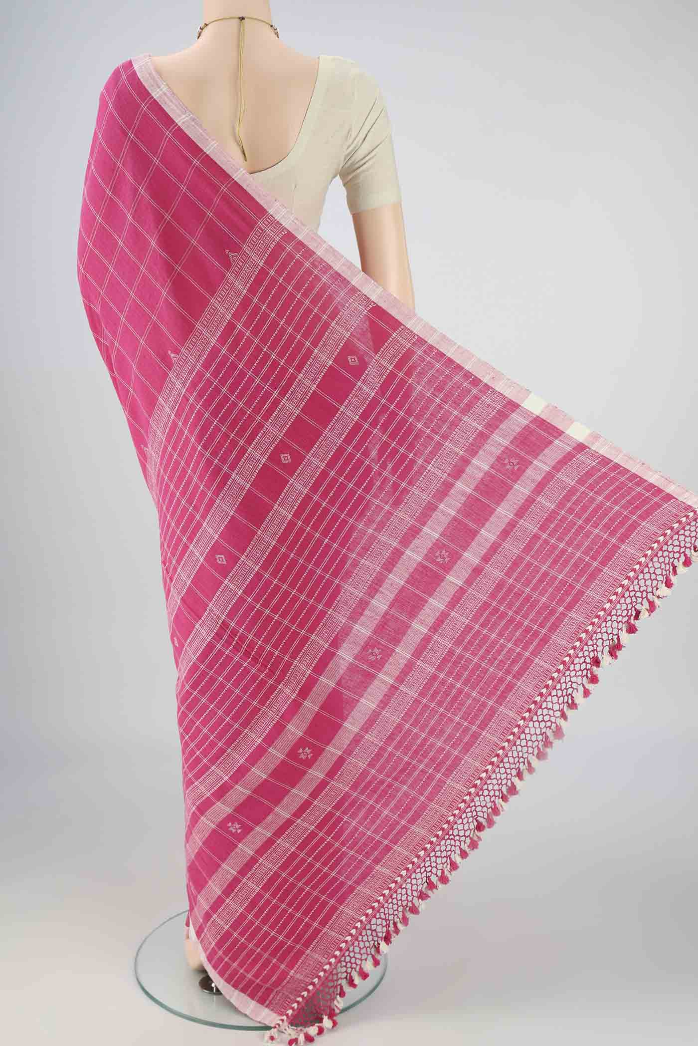 Flat view of Pink Khadi Cotton Saree with Stripes on the body and Plain Border. 